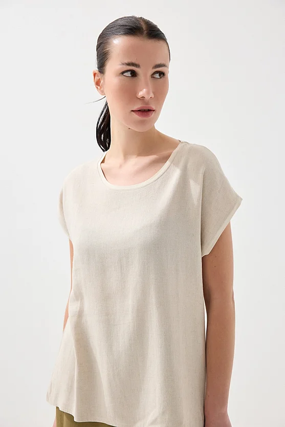 Önü Keten Tshirt - Bej - 2