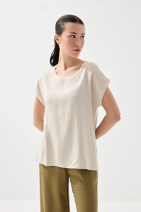 Önü Keten Tshirt - Bej - Gusto