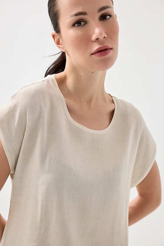 Önü Keten Tshirt - Bej - 5