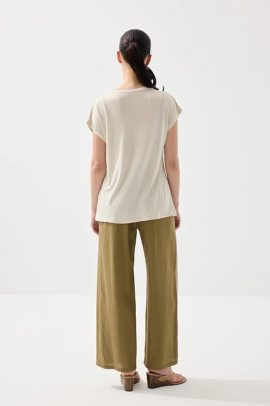 Önü Keten Tshirt - Bej - Gusto