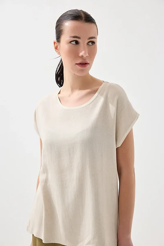 Önü Keten Tshirt - Bej - 4