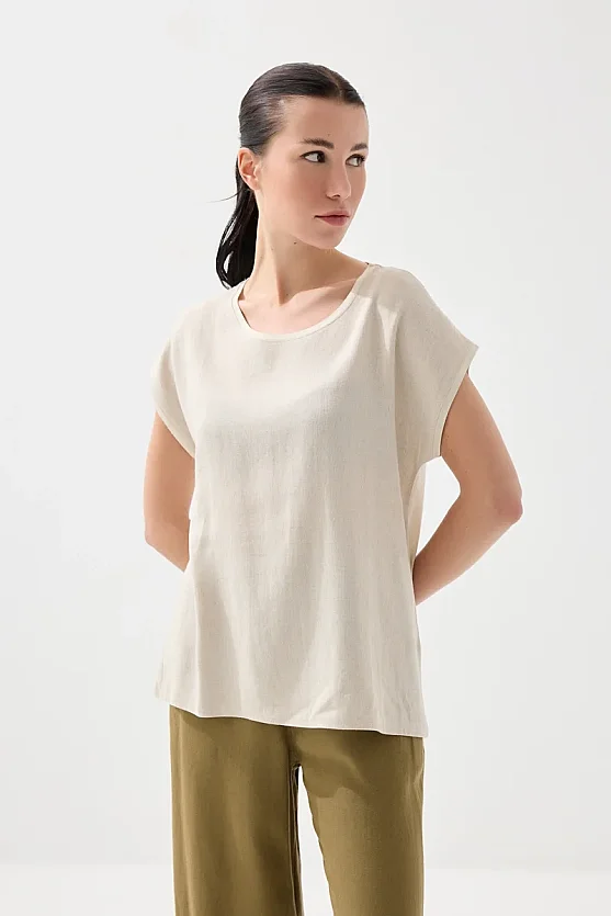 Önü Keten Tshirt - Bej - Gusto