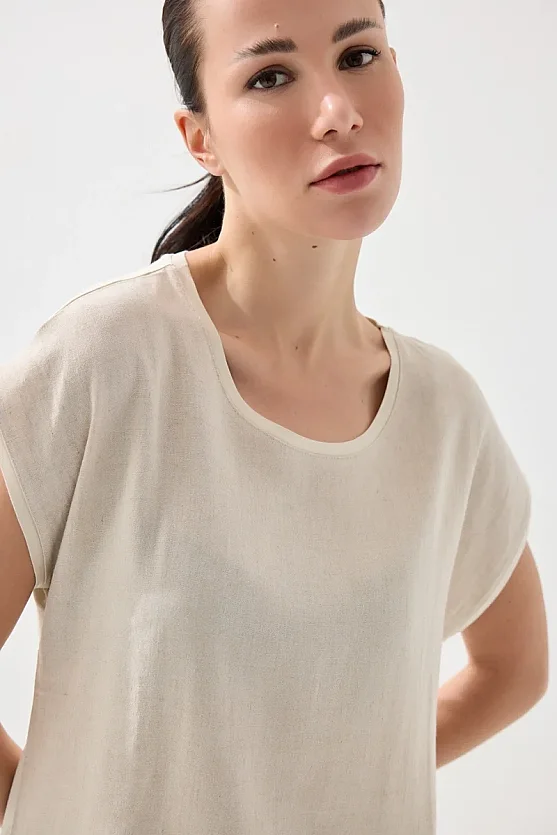 Önü Keten Tshirt - Bej - Gusto