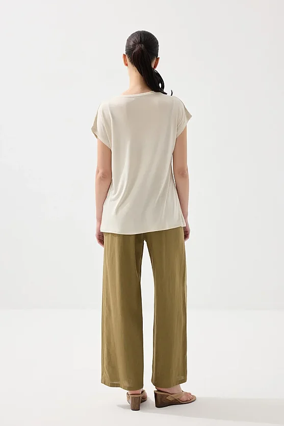 Önü Keten Tshirt - Bej - Gusto