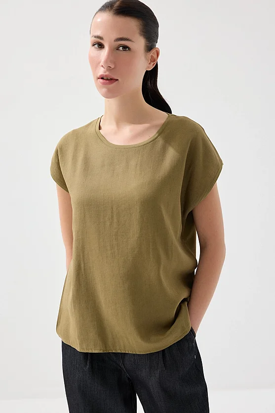 Önü Keten Tshirt - Haki - 1