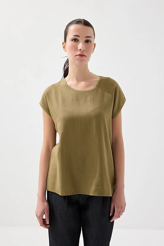 Önü Keten Tshirt - Haki - 3