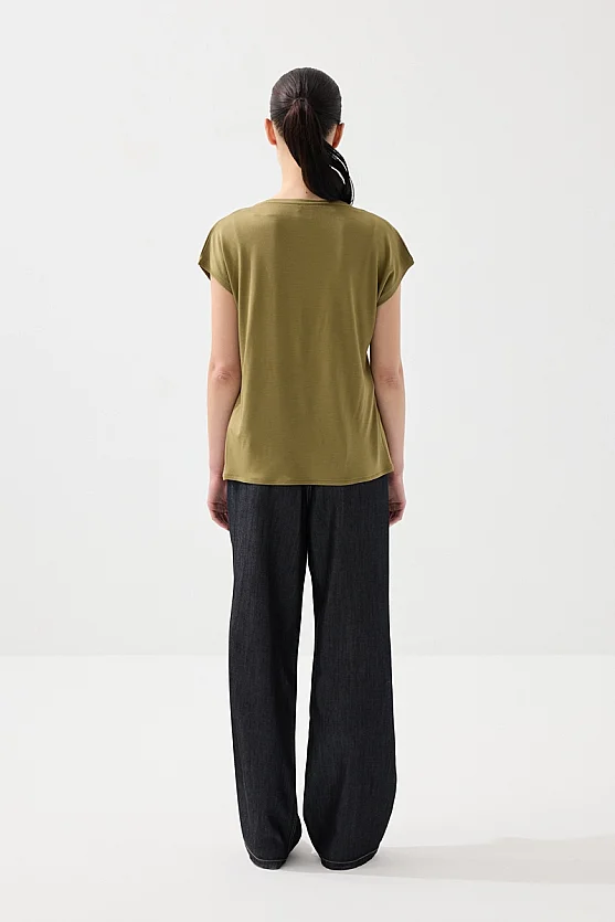 Önü Keten Tshirt - Haki - 6