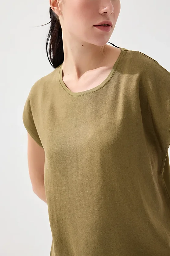 Önü Keten Tshirt - Haki - Gusto