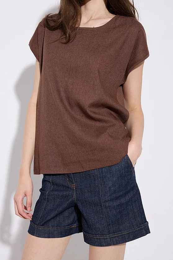 Önü Keten Tshirt - Kahverengi - 4