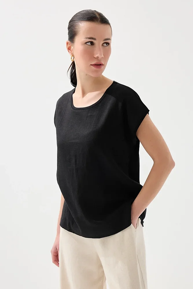 Önü Keten Tshirt - Siyah