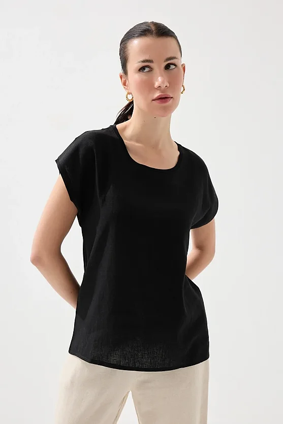 Önü Keten Tshirt - Siyah - 3