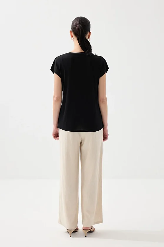 Önü Keten Tshirt - Siyah - Gusto