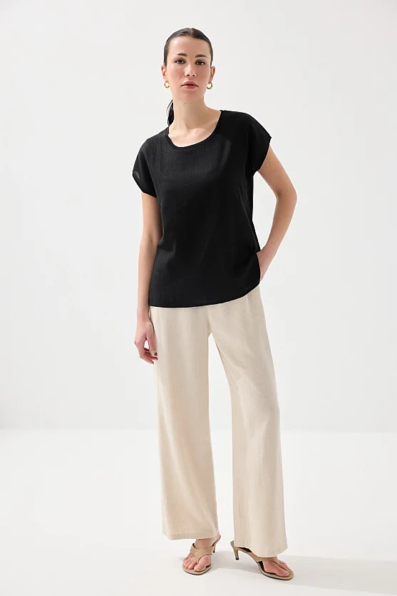 Önü Keten Tshirt - Siyah - 2