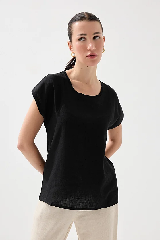 Önü Keten Tshirt - Siyah - Gusto