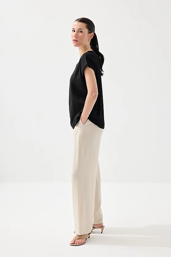 Önü Keten Tshirt - Siyah - Gusto