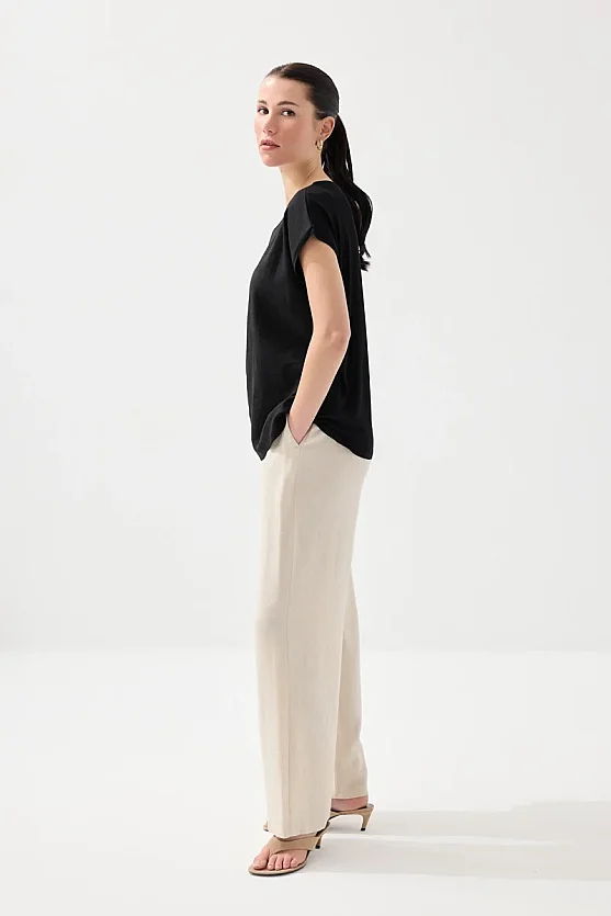 Önü Keten Tshirt - Siyah - Gusto