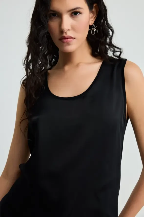 Önü Saten Arkası Penye Atlet - Siyah - Gusto