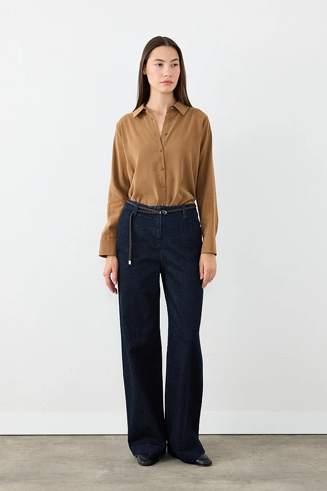 Örgü Kemerli Bol Paça Denim Pantolon - Lacivert Lacivert