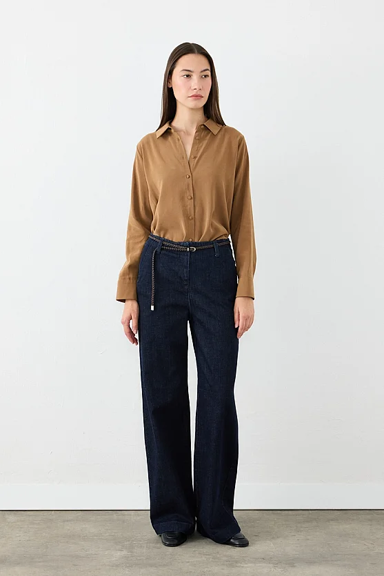 Örgü Kemerli Bol Paça Denim Pantolon - Lacivert - 1