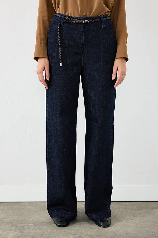 Örgü Kemerli Bol Paça Denim Pantolon - Lacivert - 2