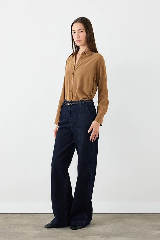 Örgü Kemerli Bol Paça Denim Pantolon - Lacivert - Gusto