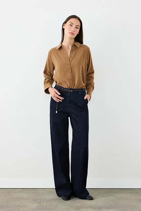 Örgü Kemerli Bol Paça Denim Pantolon - Lacivert - Gusto