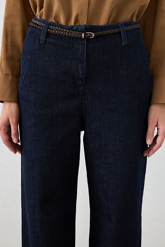 Örgü Kemerli Bol Paça Denim Pantolon - Lacivert - Gusto