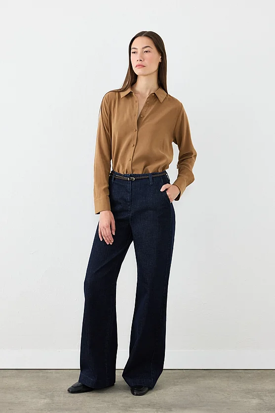 Örgü Kemerli Bol Paça Denim Pantolon - Lacivert - Gusto