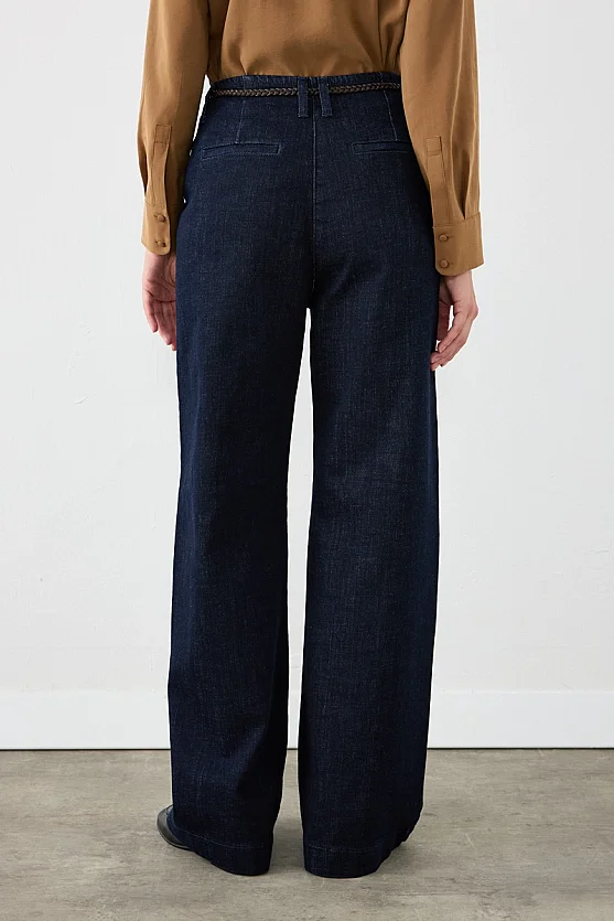 Örgü Kemerli Bol Paça Denim Pantolon - Lacivert - Gusto