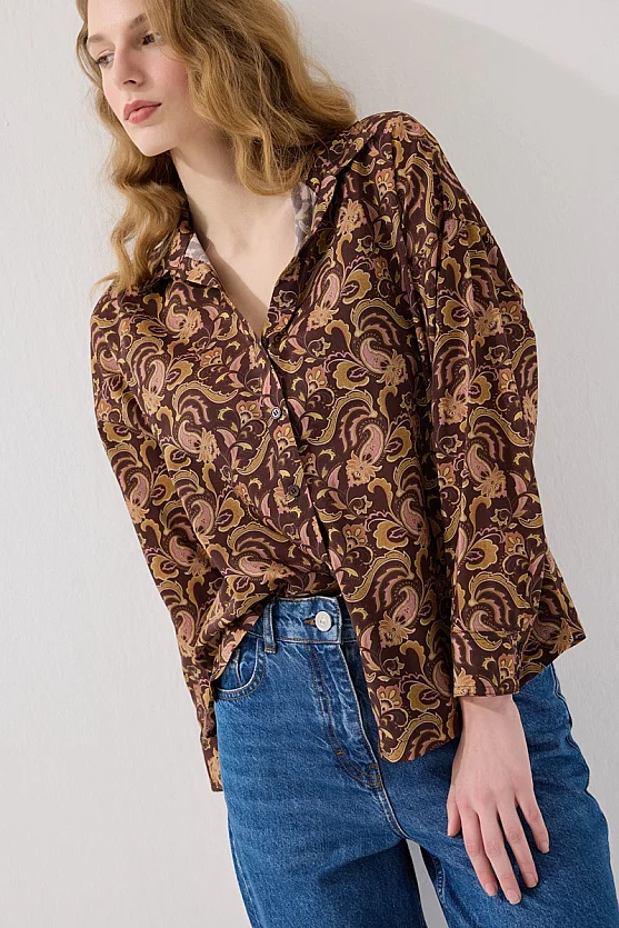 Oversize Poplin Gömlek - Kahverengi - 6