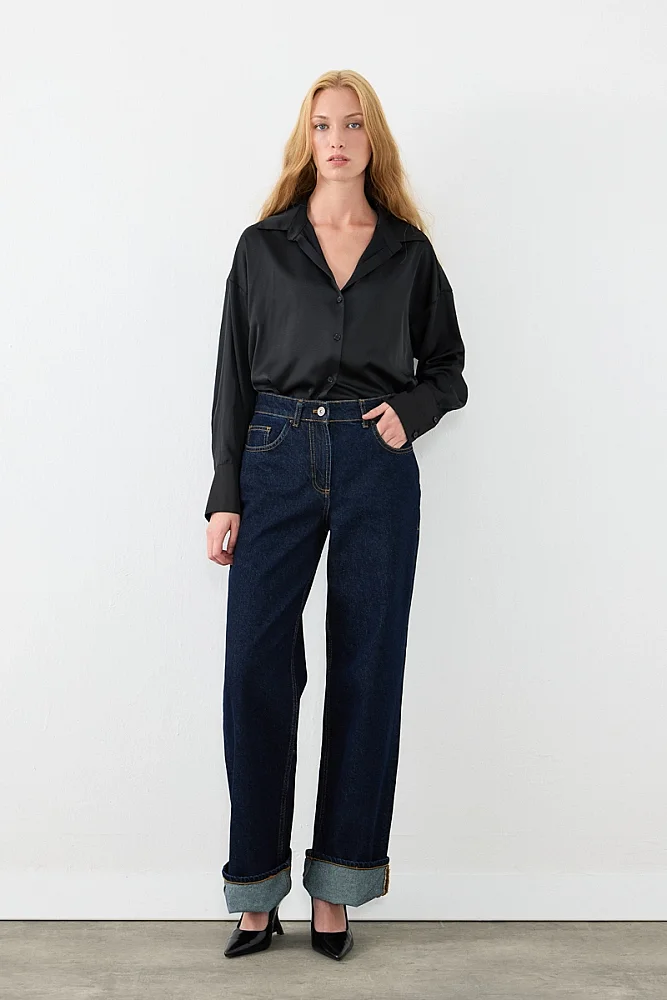 Paçası Katlamalı Boru Paça Denim Pantolon - Lacivert Lacivert