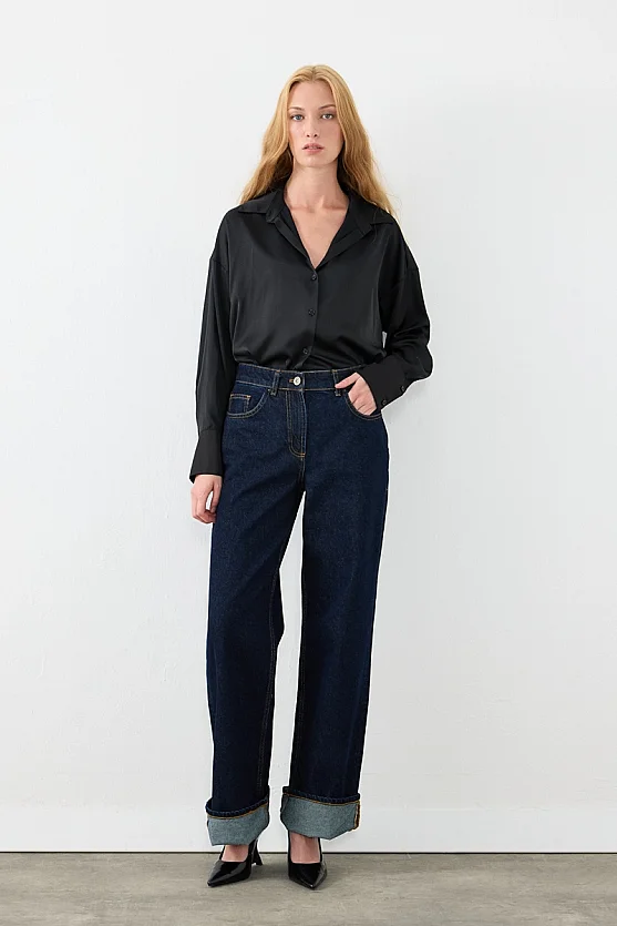 Paçası Katlamalı Boru Paça Denim Pantolon - Lacivert - Gusto