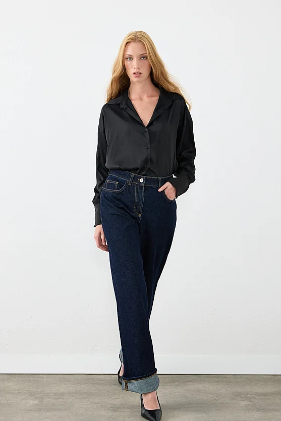 Paçası Katlamalı Boru Paça Denim Pantolon - Lacivert - 2