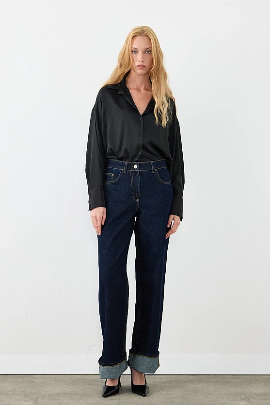 Paçası Katlamalı Boru Paça Denim Pantolon - Lacivert - Gusto