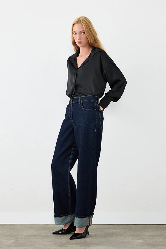 Paçası Katlamalı Boru Paça Denim Pantolon - Lacivert - Gusto