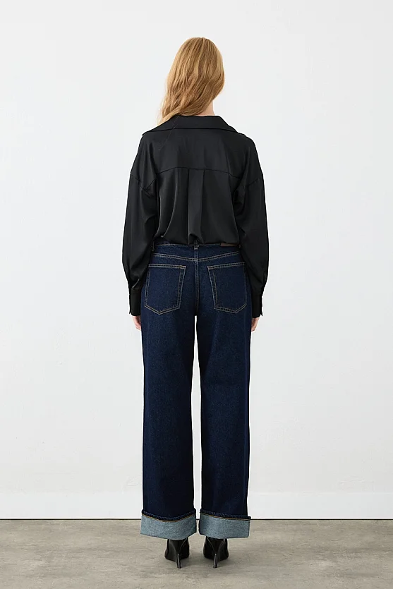 Paçası Katlamalı Boru Paça Denim Pantolon - Lacivert - Gusto