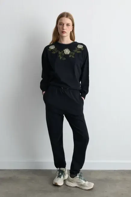 Paçası Lastikli Pamuklu Eşofman Altı - Siyah - Gusto