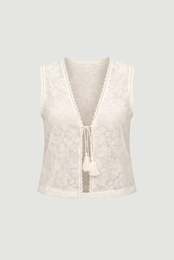 Pamuk Dantel Brode Yelek - Ekru - Gusto