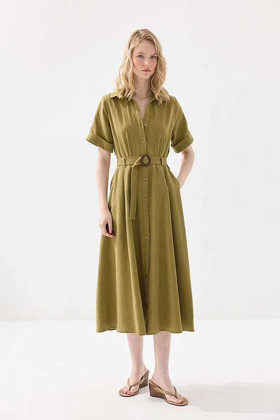Pamuk Keten Uzun Gömlek Elbise - Haki - Gusto