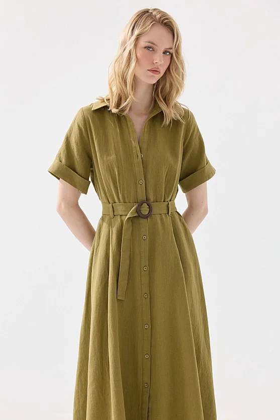 Pamuk Keten Uzun Gömlek Elbise - Haki - Gusto