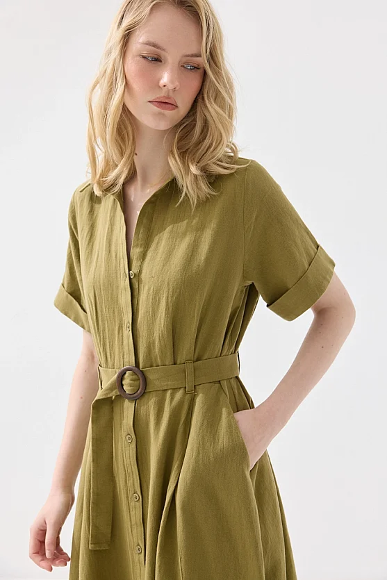 Pamuk Keten Uzun Gömlek Elbise - Haki - Gusto