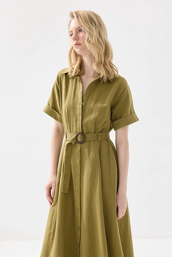 Pamuk Keten Uzun Gömlek Elbise - Haki - Gusto