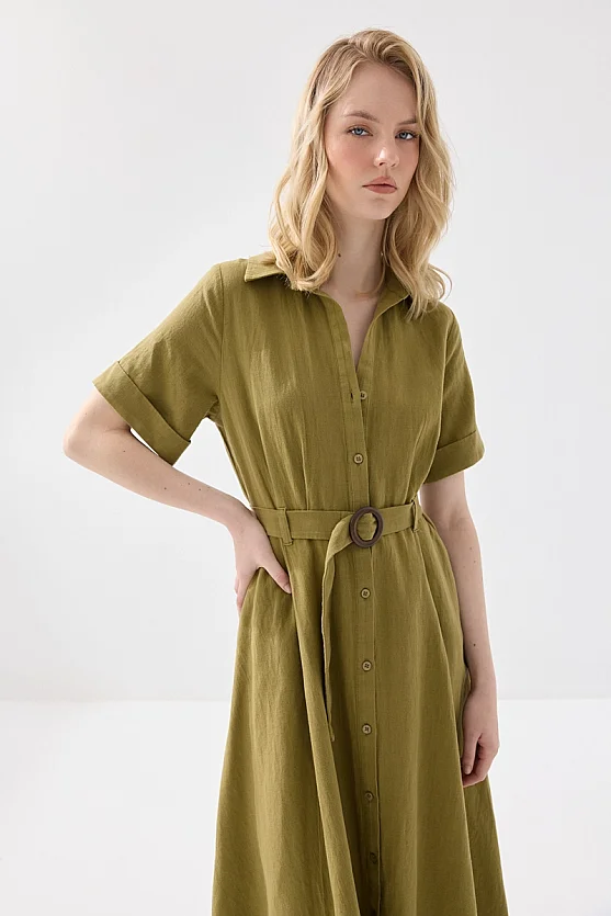 Pamuk Keten Uzun Gömlek Elbise - Haki - Gusto