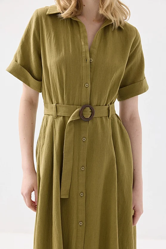Pamuk Keten Uzun Gömlek Elbise - Haki - Gusto