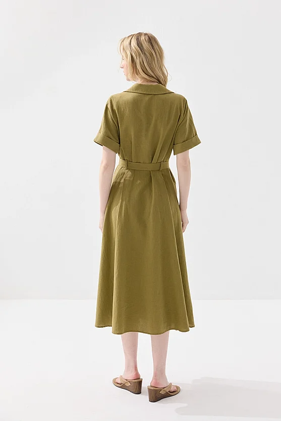 Pamuk Keten Uzun Gömlek Elbise - Haki - Gusto