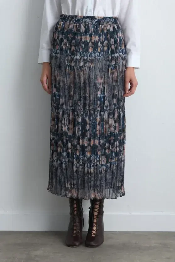 Patterned Long Pleated Skirt - Navy Blue - 2