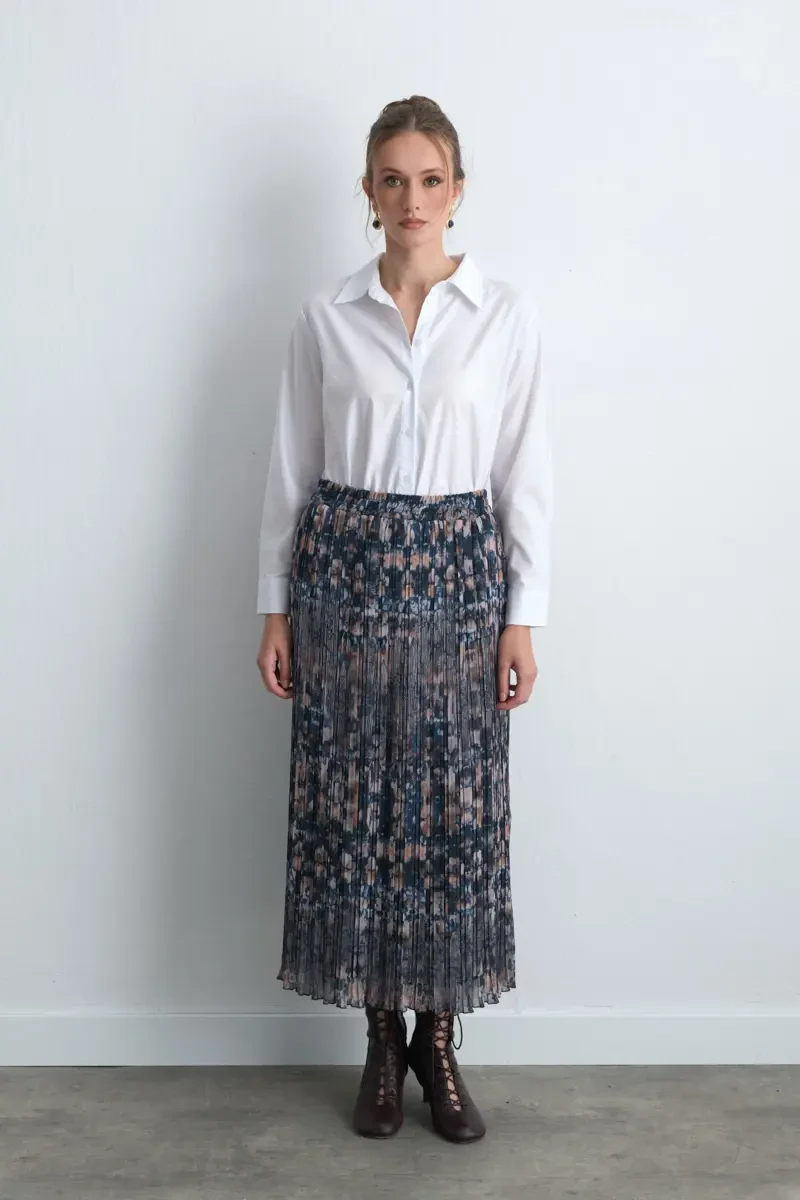 Patterned Long Pleated Skirt - Navy Blue - 5