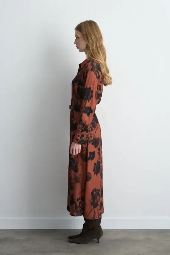 Patterned Long Shirt Dress - Brick - 3