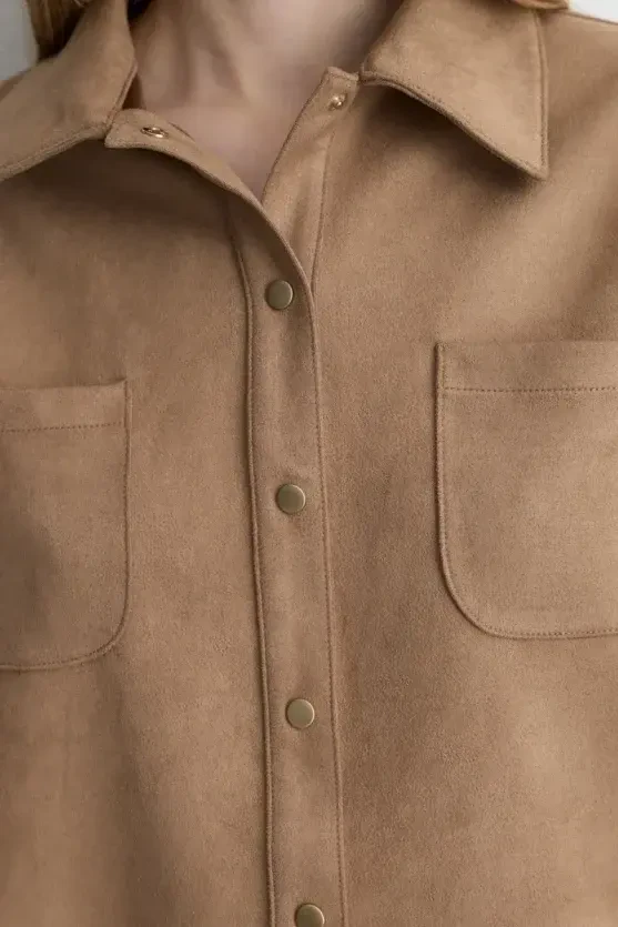 Patterned Suede Shirt Jacket - Camel - 2