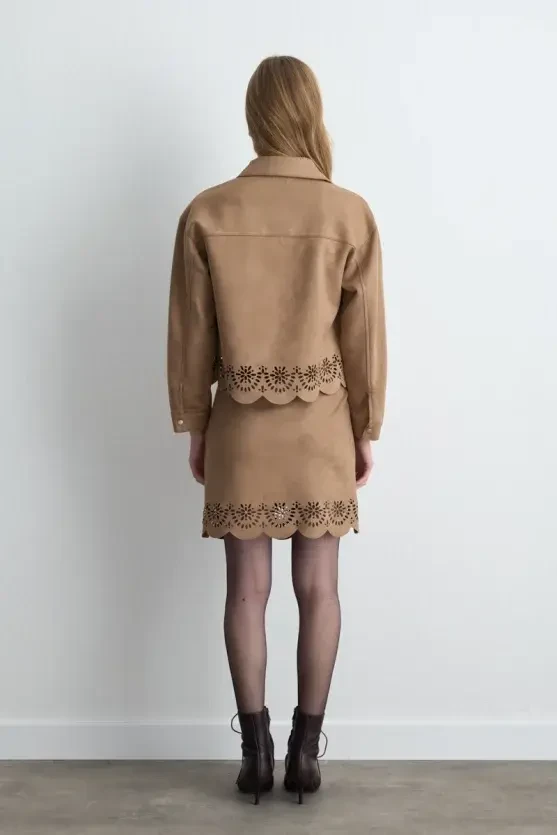 Patterned Suede Shirt Jacket - Camel - Gusto